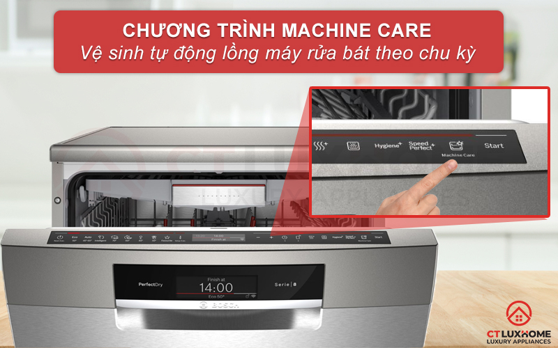 Vệ sinh máy rửa bát Bosch SMS8YCI03E tự động với tính năng Machine Care