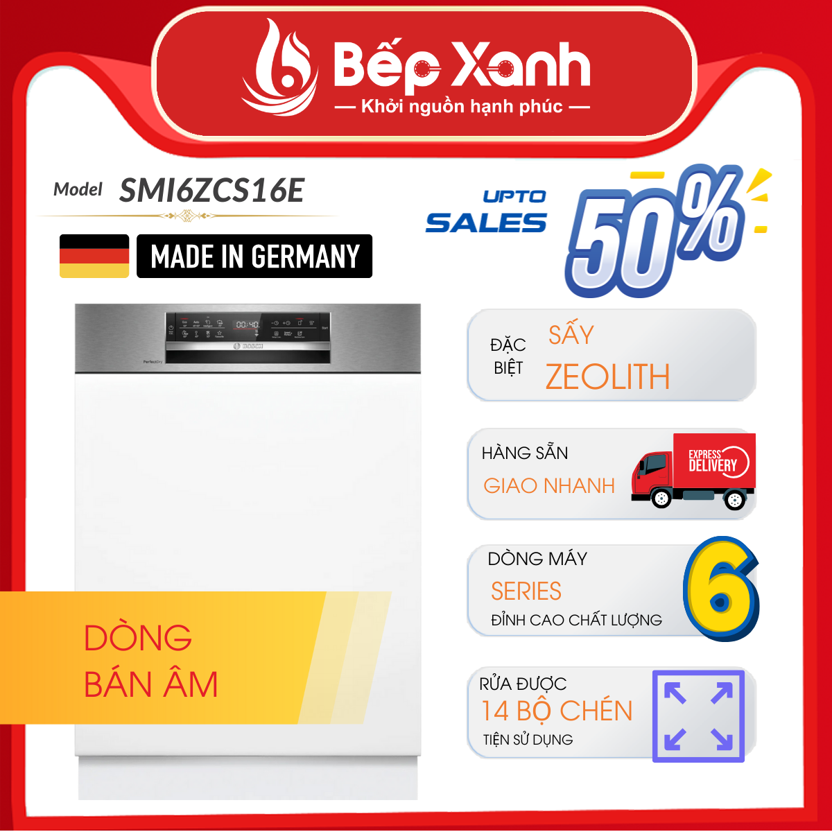 Máy Rửa Chén Bán Âm Series 4 Bosch SMI57M25EU/ Nhập Khẩu Liên Bang Đức